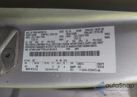 2014 Ford Escape S z USA, uszkodzony, nr VIN 1FMCU0F77EUC50353